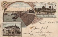 Koźle : Gruss vom Coseler Oderhafen [port przeładunkowy, fabryka celulozy, hotel]