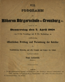 Programm der H&ouml;heren B&uuml;rgerschule zu Creuzburg womit zu der Donnerstag den 2. April 1868