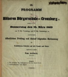 Programm der H&ouml;heren B&uuml;rgerschule zu Creuzburg womit zu der Donnerstag den 18. M&auml;rz 1869
