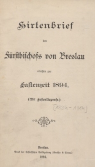 Hirtenbrief des F&uuml;rstbischofs von Breslau erlassen zur Fastenzeit 1894-1914