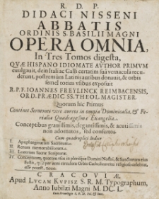 R. D. P Didaci Nisseni Abbatis Ordinis s. Basilii Magni Opera Omnia, In Tres Tomos digesta