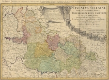 Dvcatvs Silesiae : Tabula Geographica Prima, Inferiorem Eivs Partem seu Novem Principatvs, quorum insignia hic adjecta sunt, secundum statum recentissimum complectens / Ad mentem Hasiani avtographi majoris legitime delineata et edita curis Homann. Heredum