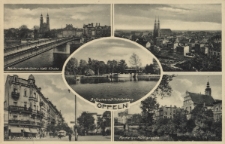 Oppeln : Jahrhunderdbrücke u. Kath. Kirche, Zimmerstraβe, Bolkosee mit Schutzhaus, Partie am Mühlgraben