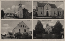 Gruß aus Erbersdorf K. Neustadt : Dorfstraße, Gasthaus Inh. A. Kurpiela, Warenhaus Oskar Knopp, Schule, Kriegerdenkmal