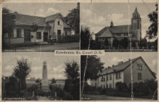 Friedenau, Kr. Cosel : Kaduk's Warenhandlung, Kirche, Kriegerdenkmal, Schule
