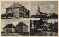 Brückenort, Kr. Rosenberg : Bäckerei u. Kaffeeausschank E. Wallocha, Klosterkirche, Schule, Partie an der Mühle
