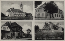 [D&ouml;bern] : Neue Kirche mit Schule ; Rob. Reginek's Gasthaus D&ouml;bern Kr. Oppeln ; Bahnhof D&auml;bern Kr. Oppeln ; St. Roehus Kirche mit Kriegerdenkmal 1914/18