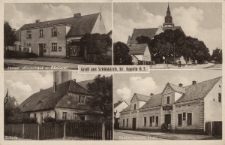 Gruß aus Schönkirch, Kr. Oppeln : Hesse Warenhaus u. Bäckerei, Kirche, Schule, Gastwirtschaft Thau