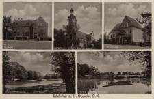 Schönhorst, Kr. Oppeln : Schule, Kirche, Kaufhaus, Malapanepartie, Blick auf die Brücke
