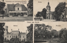 Gruss aus Norok : Fleischerei und Kolonialwarenhandlung F. Fleischer, Kirche, Schloss, Försterei