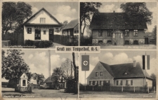 Gru&szlig; aus Tempelhof : Schiolko's Warenhandlung, Pr. Rev. F&ouml;rsterei, Kapelle mit Dorfpartie, Schule