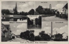 Gruß aus Puschkau, Kreis Schweidnitz : Ev. Kirche, Kath. Kirche, Heilmann's Kolonialwarenhandlung, Kriegerdenkmal, Zuckerfabrik