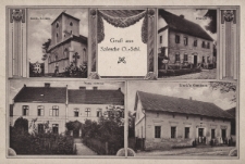 Gruß aus Salesche O.-Schl. : Kath. Kirche, Pfarrei, Neue Schule, Linek's Gasthaus