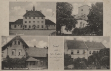 Gruß aus Gr. Walden Kr. Gr.=Strehlitz : Bahnhof, Kirche, Fürst zu Hohenlihe'sches Wirtschaftsamt, Schule