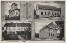 Gruss aus Salesche O=Schles. : Kath. Kirche, Linek's Gasthaus, Neue Schule, Alte Schule