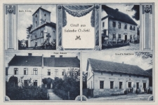 Gruß aus Salesche O.=Schl.: Kath. Kirche, Pfarrei, Neue Schule, Linek's Gasthaus