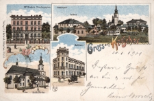 Gruss aus Katscher : Dr Krohn's Paedagogium, Totalansicht, Schloss, Kath. Kirche, Rathhaus