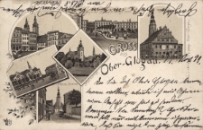 Gruss aus Ober-Glogau : Schullehrer-Seminar, Schloss-Strasse, Schlosskirche, Eingang in die Stadt u. M. Fabig's Hotel, Rathhaus