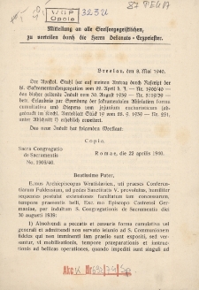 Mitteilung an alle Seelsorgsgeistlichen, zu verteilen durch die Herrn Dekanats = Erzpriester