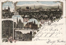 Gruss aus Neisse : Kreuzkirche, Schriff der Kathol. Pfarrkirche, Kammerei Geb&auml;ude m. Rathsturm, Fisch u. Nachmarkt, Postegeb&auml;ude