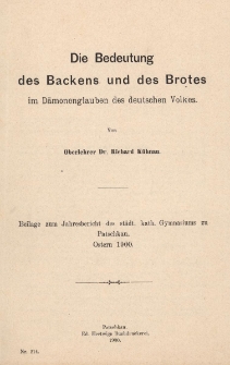 Die Bedeutung des Backens und des Brotes im D&auml;monenglauben des deutschen Volkes