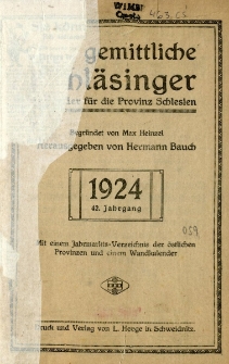 Der Gemittliche Schl&auml;singer : Kalender f&uuml;r die Provinz Schlesien, 1924