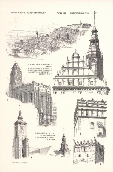 Tafel 188 Gesamtansichten : Glatz vom Sch&auml;fer-Berge ; Patschkau K. Kirche ; Ober-Glogau Rathaus ; Grottkau M&uuml;nsterberger Thor ; Goldberg Ev. Pfarrkirche ; Ziegenhals Ober-Thorturm
