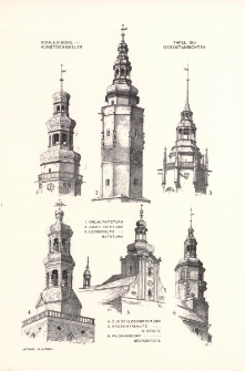 Tafel 189 Gesamtansichten : Ohlau Ratsturm ; Jauer Ratsturm ; Leobsch&uuml;tz Ratsturm ; &Ouml;ls Schlosskirchturm ; Gross-Strehlitz K. Kirche ; Pilgramsdorf Grenzkirche