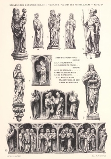 Tafel 54 Figürliche Plastik des Mittelalters : Liegnitz Peter-Paulkirche ; Bolkenhain ; Schweidnitz Pfarrkirche ; Breslau: Magdalenenkirche, Dom Nordseite, Kreuzkirche, Trauerfries an der Tumba Heinrichs IV