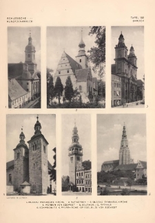 Tafel 152 Barock : Muskau Wendische Kirche ; Rots&uuml;rben ; Glogau Gymnasialkirche ; W&uuml;rben von S&uuml;dwest ; Beuthen A. O. Rathaus ; Schweidnitz K. Pfarrkirche (Spiegelbild) von S&uuml;dwest