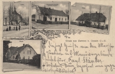 Gruss aus Dembio b. Oppeln O.-S. : Kirche, Colonialwaren Geschaft v. Elisabeth Milanz, Schule, Pfarrei