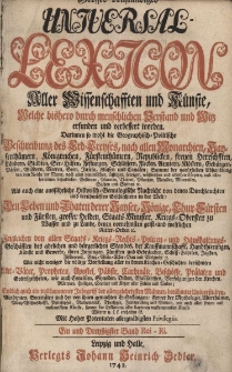 Grosses vollst&auml;ndiges Universal Lexicon Aller Wissenschafften und K&uuml;nste, Welche bi&szlig;hero durch menschlichen Verstand und Witz erfunden und verbessert worden : Darinnen so wohl die Geographisch-Politische Beschreibung des Erd-Creyses, nach allen Monarchien [...] Als auch eine ausf&uuml;hrliche Historisch-Genealogische Nachricht von den Durchlauchten und ber&uuml;hmtesten Geschlechtern in der Welt: Den Leben und Thaten der Kayser, K&ouml;nige, Churf&uuml;rsten und F&uuml;rsten, grosser helden, Staats-Minister, Kriegs-Obersten zu Wasser [...] Ingleichen von allen Staats- Kriegs- Rechts- Policey- und Hau&szlig;haltungs-Gesch&auml;fften des Adelichen und b&uuml;rgerlichen Standes [...] Wie nicht weniger die v&ouml;llige Vorstellung aller in den Kirchen-Geschichten ber&uuml;hmten Alt-V&auml;ter, Propheten, Apostel, P&auml;bste, Cardin&auml;le, Bisch&ouml;ffe, Pr&auml;laten und Gottesgelehrten [...] Endlich auch ein vollkommener Inbegriff der allergelehrtesten M&auml;nner, ber&uuml;hmter Universit&auml;ten, Academien, Societ&auml;ten. Bd.31 Rei-Ri