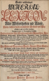 Grosses vollst&auml;ndiges Universal Lexicon Aller Wissenschafften und K&uuml;nste, Welche bi&szlig;hero durch menschlichen Verstand und Witz erfunden und verbessert worden : Darinnen so wohl die Geographisch-Politische Beschreibung des Erd-Creyses, nach allen Monarchien [...] Als auch eine ausf&uuml;hrliche Historisch-Genealogische Nachricht von den Durchlauchten und ber&uuml;hmtesten Geschlechtern in der Welt: Den Leben und Thaten der Kayser, K&ouml;nige, Churf&uuml;rsten und F&uuml;rsten, grosser helden, Staats-Minister, Kriegs-Obersten zu Wasser [...] Ingleichen von allen Staats- Kriegs- Rechts- Policey- und Hau&szlig;haltungs-Gesch&auml;fften des Adelichen und b&uuml;rgerlichen Standes [...] Wie nicht weniger die v&ouml;llige Vorstellung aller in den Kirchen-Geschichten ber&uuml;hmten Alt-V&auml;ter, Propheten, Apostel, P&auml;bste, Cardin&auml;le, Bisch&ouml;ffe, Pr&auml;laten und Gottesgelehrten [...] Endlich auch ein vollkommener Inbegriff der allergelehrtesten M&auml;nner, ber&uuml;hmter Universit&auml;ten, Academien, Societ&auml;ten. Bd.30 Q und R-Reh