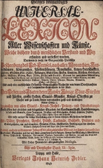 Grosses vollständiges Universal Lexicon Aller Wissenschafften und Künste, Welche bißhero durch menschlichen Verstand und Witz erfunden und verbessert worden : Darinnen so wohl die Geographisch-Politische Beschreibung des Erd-Creyses, nach allen Monarchien [...] Als auch eine ausführliche Historisch-Genealogische Nachricht von den Durchlauchten und berühmtesten Geschlechtern in der Welt: Den Leben und Thaten der Kayser, Könige, Churfürsten und Fürsten, grosser helden, Staats-Minister, Kriegs-Obersten zu Wasser [...] Ingleichen von allen Staats- Kriegs- Rechts- Policey- und Haußhaltungs-Geschäfften des Adelichen und bürgerlichen Standes [...] Wie nicht weniger die völlige Vorstellung aller in den Kirchen-Geschichten berühmten Alt-Väter, Propheten, Apostel, Päbste, Cardinäle, Bischöffe, Prälaten und Gottesgelehrten [...] Endlich auch ein vollkommener Inbegriff der allergelehrtesten Männer, berühmter Universitäten, Academien, Societäten. Bd.38 Sk-Spie