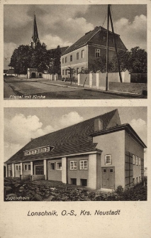 Lonschnik, O.-S., Krs. Neustadt : Pfarrei mit Kirche, Jugendheim