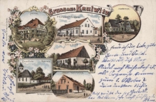 Gruss aus Kaulwitz : Schloss, P. Gottschalk's Gasthaus, Inspektorhaus, Evang. Kirche, Pastorhaus, Wasner's Waarenhandlung