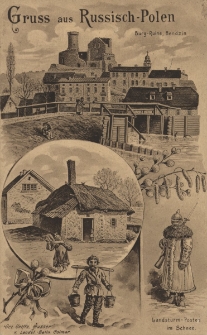 Gruss aus Russisch-Polen : Burg-Ruine, Bendzin; Gez. Untffz. Husser v. Landst. Batin. Colmar; Landsturm-Posten in Schnee