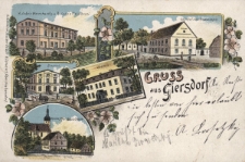 Gruss aus Giersdorf : A. Jahn's Warenhandlg. u. R. Jahns Fleischerei, Gasthof zum Kronprinzen, Brauerei, Schloss, Kirche, Pfarrhaus Schule