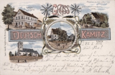 Gruss aus Deutsch Kamitz b. Neisse : Gasthaus v. Putze, Bäckerai u. Waarenhandlung v. Scholz, Kirche