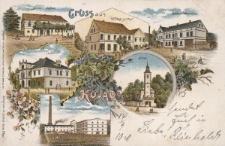 Gruss aus Kujau O/Schl. : Berliners Gasthaus, Gasthaus zur Post, Fr. Solloch's Waarenhaus, Kirche, Schloss, Brennerei u. Dampfsägewerk