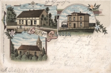 Gruss aus Leuber : Riegers Gesch&auml;ftshaus, Bahnhof, Pfarrkirche