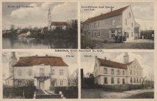 Schmitsch, Kreis Neustadt O.-Schl. : Kirche mit Dorspartie, Geschäftshaus Josef Gensior und Post, Pfarrei, Schule