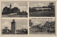 Waldfurt, Kreis Neustadt O.-Schl. : Kirche, Brücke, Kriegerdenkmal, Dorfpartie mit Geschäft Franz Höhn