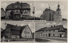 Nakel, Kr. Oppeln O.-S. : Glomb's Kaufhaus, St. Peter-Paul Kirche, Schule, P. Blaik's Gasthaus zur Erholung