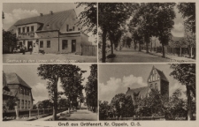 Gru&szlig; aus Gr&auml;fenort, Kr. Oppeln, O.-S. : Gasthaus zu den Linden, W. Rheinl&auml;nder, Lindenallee, Partie an der Schule, Kirche