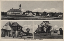 Gruß aus Döbern, O.-Schles. : Teilansicht, Bahnhof, St. Rochus-Kirche mit Kriegerdenkmal