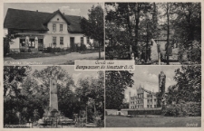 Gruß aus Burgwasser, Kr. Neustadt O./S. : P. Kanias Warenhaus, Kirche, Kriegerdenkmal, Schloss