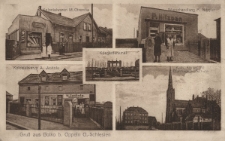 Gru&szlig; aus Bolko b. Oppeln O.-Schlesien : Kolonialwaren M. Otremba, Warenhandlung P. Nitzpan, Kolonialwaren A.Jaskola, Kath. Kirche mit Pfarrhaus u. Schule, Kriegerdenkmal