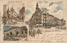 Gruss aus Oppeln : Ring m. Oderstrasse, Klosterschule u. Bergerlkirche, Gymnasium