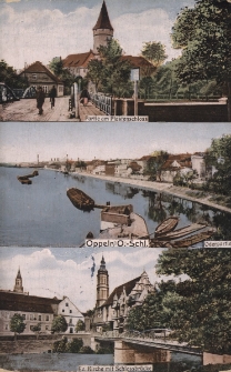 Oppeln O.-Schl. : Partie am Piastenschloss, Oderpartie, Ev. Kirche mit Schlossbrücke